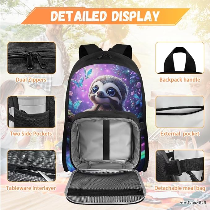 Doojoayie Kindergarten Backpack for Girls Personalized Bookbag with Lunch Box Sloth Backpack for Kids 3-5 5-7 Cute School Bag for Preschool Girls Best Back to School Gifts for Daughter