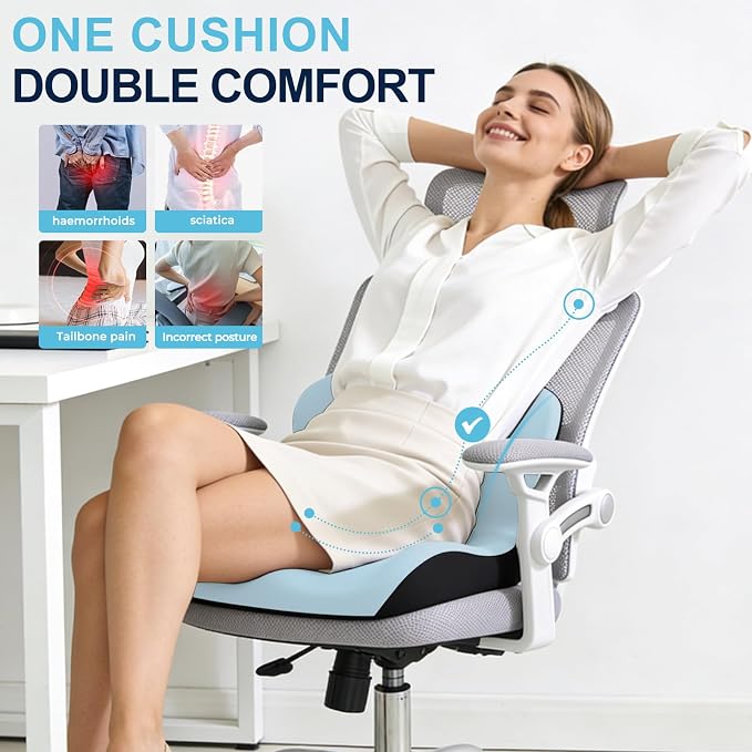 Seat Cushion, Office Chair Cushion, L-Shaped Ergonomic Car Seat Cushions, Memory Foam Chair Cushion, Lumbar Support Pillow for Wheelchair, Car, Home, Office, Desk, Blue