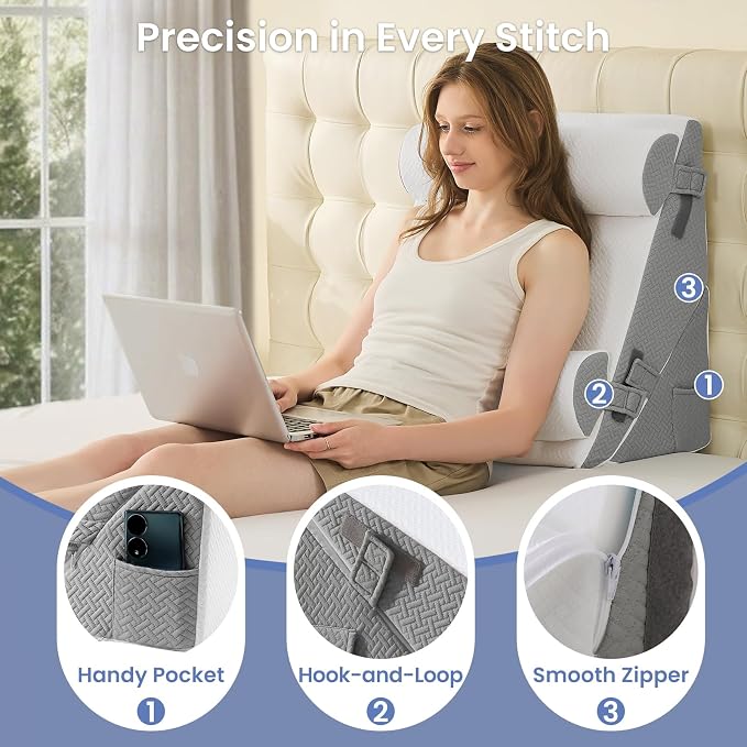 Sasttie Adjustable Wedge Pillow Set for After Surgery, Dark Grey & White | 2PCS Bed Wedge Pillow Headboard with Memory Foam Neck Cushion, for Acid Reflux, Sleeping, Neck & Back Support