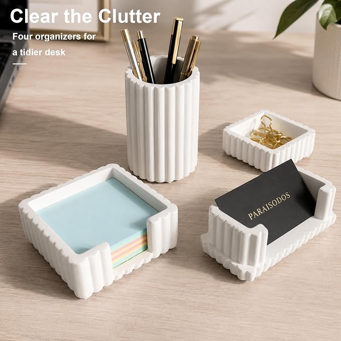 Concrete Desk Organizer Set of 4, Modern Desk Accessories, White | Pen holder, Sticky note holder, Paper clip tray, Business card holder, Soft anti-slip pads, For home and office use