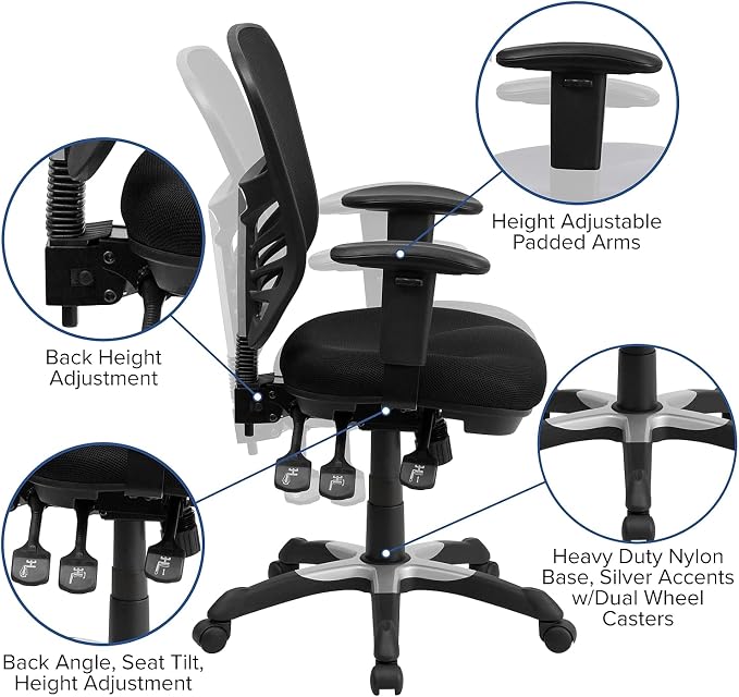 Flash Furniture Nicholas Mid-Back Black Mesh Multifunction Executive Swivel Ergonomic Office Chair with Adjustable Arms, Set of 4