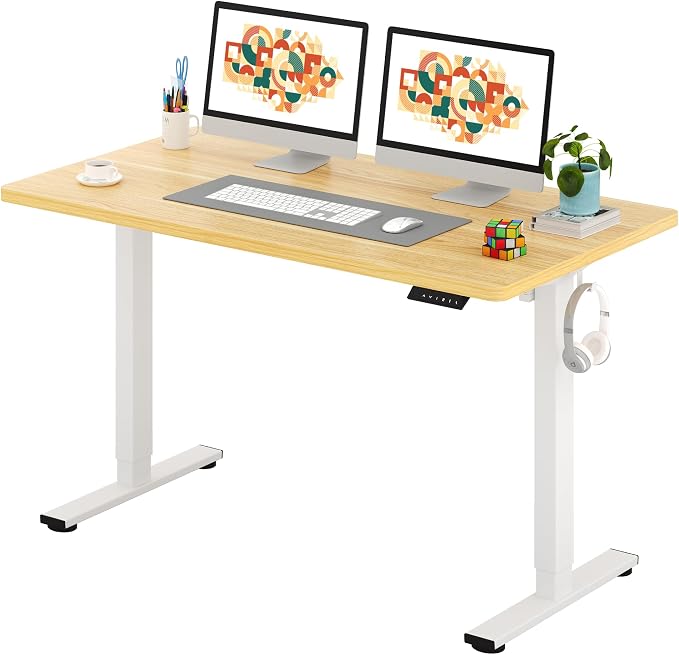 SANODESK One-Piece Electric Standing Desk, Seamless 55 x 28'' Ergonomic Height Adjustable Sit Stand Desk with Memory Presets for Home Office Computer Workstation, White Frame/Natural Top