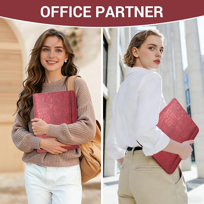 A4 Embossed Faux Leather Zippered Padfolio with 3 Ring Binder, Executive Portfolio Organizer Binder for Women, Fits 13.9" Laptop/Tablet, Refillable Writing Pad Pocket, Red