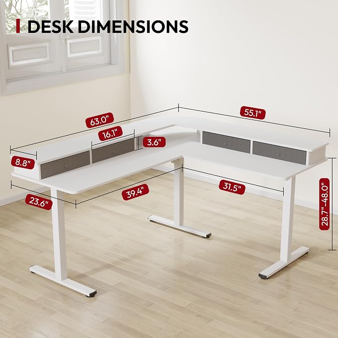SANODESK 63" L Shaped Standing Desk with 3 Drawers, Height Adjustable Stand up Desk, Corner Gaming Desk with Monitor Stand, White Frame/White Top