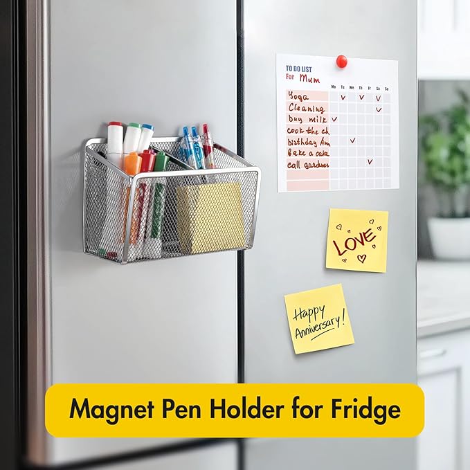 BEYGORM Magnetic Dry Erase Marker Holder for Whiteboard, Mesh Pen & Pencil Holder for Refrigerator, Strong Magnetic Basket for School Locker, Office & Classroom Organizer (Silver, 1-Pack)