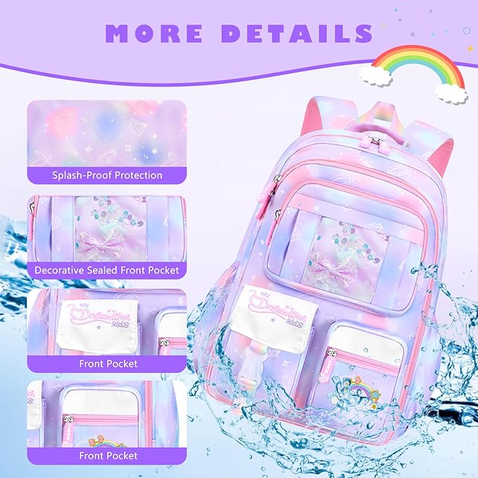 3PCS SET kids backpacks for girls, bookbag for girls backpack with lunch box Pencil Pouch Set back to school supplies for Kid, school backpack for girl Elementary School Student(PURPLE)