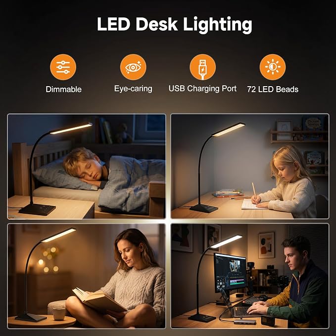 LED Desk Lamp, 7W 390LM Eye-Caring Desk Light with 5 Color Modes & Stepless Dimming, 360° Flexible Gooseneck Touch Control Table Lamp for Bedroom Bedside Study Black