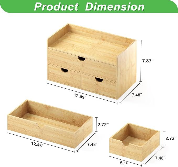 Desk Organizer with Drawers - Bamboo Desktop Organizer Storage | White-Natural Wood Desk Drawers Organizer for Bills, Office Supplies, Cosmetics, Seals No Assembly Required(3 Drawers With Shelf)