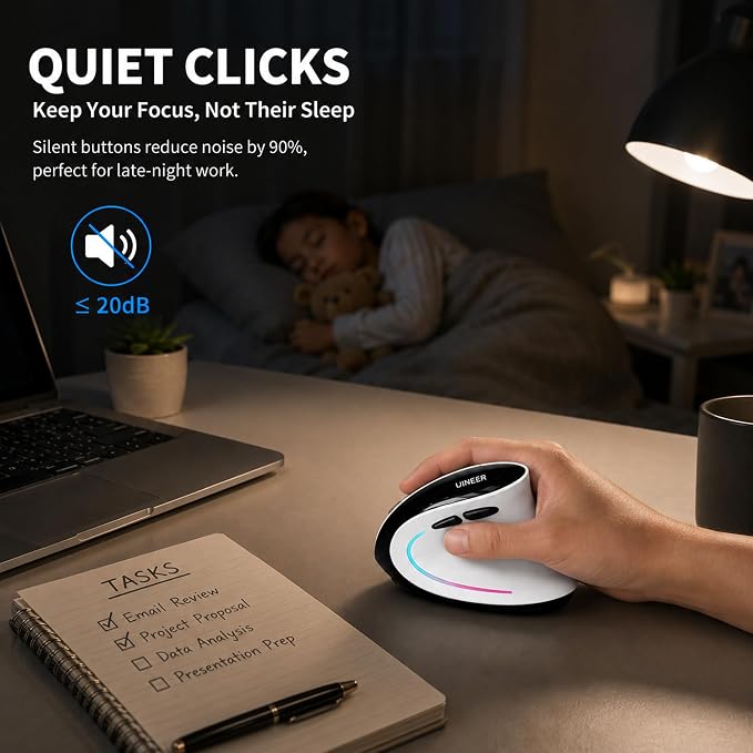 Uineer Ergonomic Wireless Vertical Mouse, Tri-Mode Bluetooth 5.0/4.0 and 2.4G USB, Rechargeable Silent Computer Mouse for Laptop, MacBook, iPad and PC, 4 DPI Levels, LED Light, 3-Device Switching