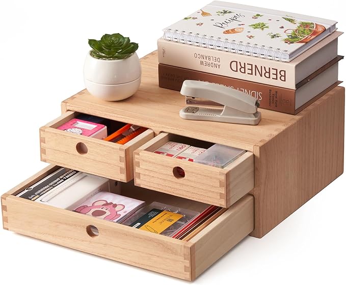 KIRIGEN Wood Desk Organizer with 3 Drawers, Desktop Storage, Natural 23-NA | Wooden Desktop Drawer Hold A4 Papers, Stationery, Jewelry, and Makeup, Fully Assembled for Home Office