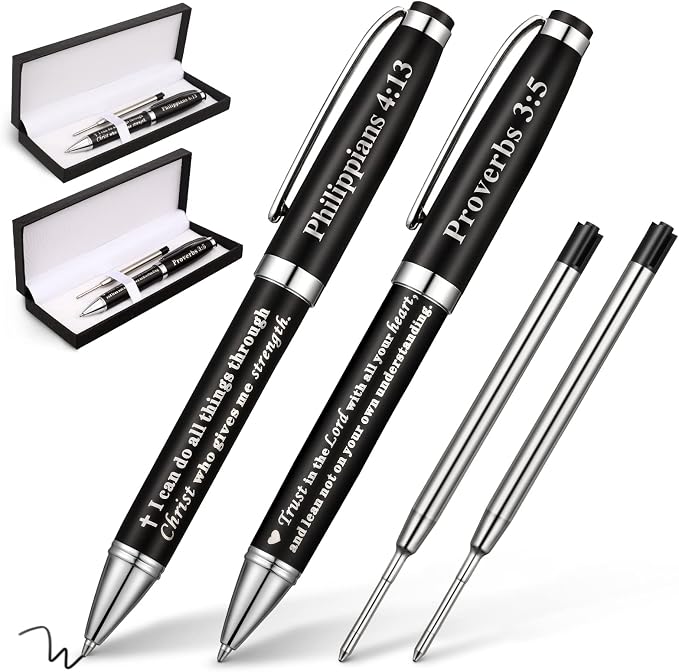 Chinco 2 Pack Christian Gifts Engraved Bible Verse Ballpoint Pens in Matching Gift Case Black Stylish Classic Ballpoint Pens Christian Gifts for Women & Men for Journaling School Office Church
