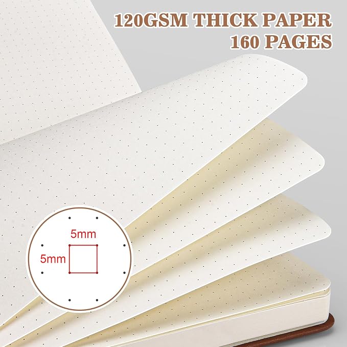 OMEYA Bullet Dotted Journal Notebook 4 Pack: 160 Pages Per Pack, A5 Medium Size(5.75" × 8.38"), 120 GSM Thick Paper, Leather Dotted Notebook, Hardcover Dot Grid Notebook, Dot Journal for Wrting, Gift