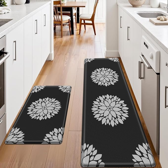 2PCS Kitchen Mats for Floor, Anti Fatigue Non-slip Larger Black Rug | Soft Kitchen Rugs for Home, Cushioned Standing Desk Mat, Comfort Mat for Office, Sink, Laundry, 17.3" x 59" + 17.3" x 30"