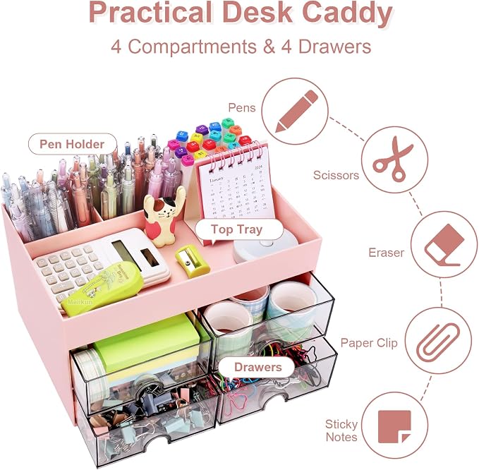 Meiikun Desk Organizer, Office Organizer with Drawer, Desk Accessories & Workspace Organizers, Pen Holder Office Supplies for Desk (4 Drawers+4 Compartments, Pink)