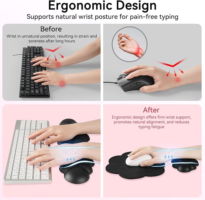 Sushret Cloud Wrist Rest for Computer Keyboard, 4-in-1 Memory Foam Leather Cloud Keyboard Wrist Rest and Mouse Pad Set with Ergonomic Support for Arm and Palm Cushion, Gaming/Work Setup, Black