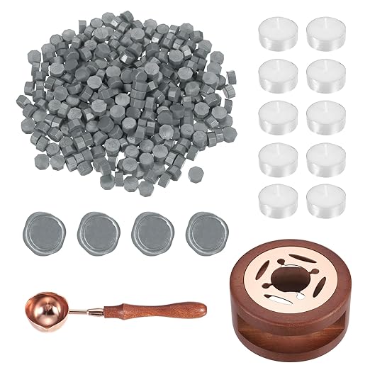 PATIKIL Wax Seal Kit, 300 Pcs Wax Sealing Beads, Wooden Warmer, Melted Spoon, 10 Pcs Tealight Candles for Envelope Letter Mailing Crafts DIY, Grey