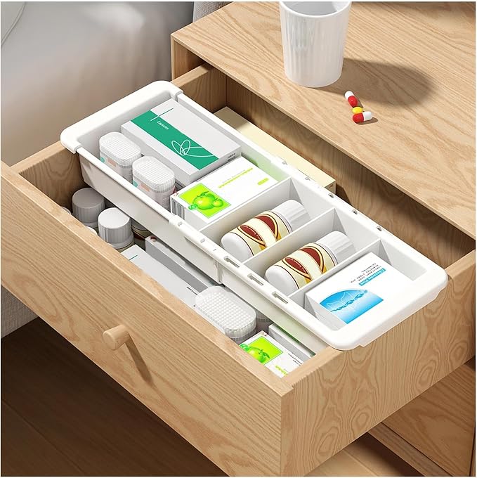 Deep 2.3" Expandable Drawer Organizer 11-18" White Plastic Tray | Expandable 11-18" Deep 2.3" PET Drawer Organizer|White Tray|Office Kitchen Bathroom|Dual-Slot Design|Durable BPA-Free