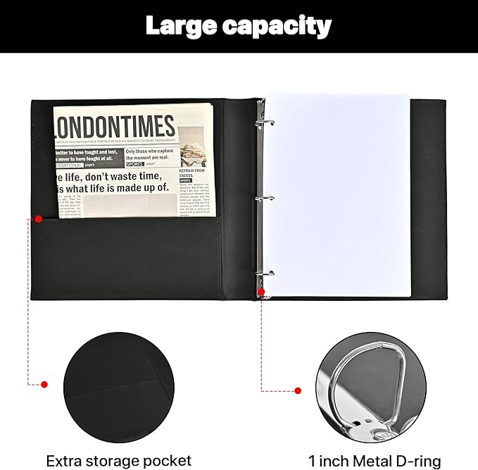 LETVPVOW Vintage Hardback 3 Ring Binder 1 Inch, Professional Leather Binder 3 Ring, Three Ring Binders Fits 8.5" x 11", D Ring Binders for Photo Album, Home, School and Office Supplies- Black