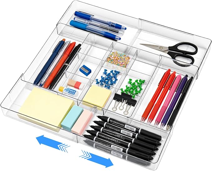Widousy Acrylic Drawer Organizer, Expandable Drawer Organizer Trays, Desk Organizers and Accessories, Adjustable Compartments Desk Accessories for Makeup Utensil Junk Office Kitchen Bathroom