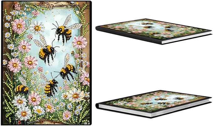 FRANDEK Diamond Art Painting Notebook Kit for Adults, Bee Flowers A5 PU DIY Journal with 50 Blank Pages, Crystal Rhinestone Beginner Craft Set with Full Tools, Gifts For Back To School Students