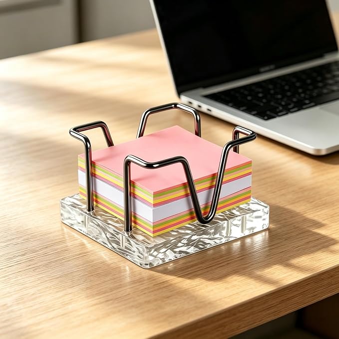 Sticky Note Holder, 3 x 3 inch Self Stick Note Pad Holder, Post It Note Dispenser Desk Accessories for School and Office Desk Organizer, Black & Clear Acrylic