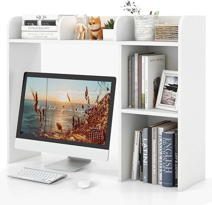 Tangkula Desktop Bookshelf, Countertop Storage Hutch with 5 Shelves for Computer Desk, Desk 3-Tier Display Rack, Multipurpose Wood Desktop Hutch Storage Organizer for Dorm Office Home