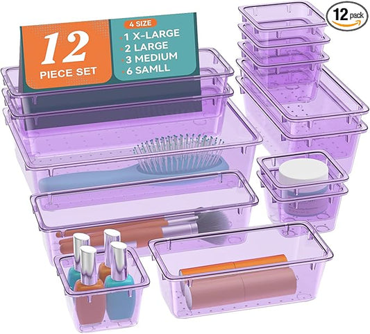 ElegantArray 12-Piece Drawer Organizer Set, 4 Sizes Versatile Plastic Vanity Organizer for Makeup, Stationery, Gadgets, in Kitchen, Bathroom, Office, and Bedroom, Purple