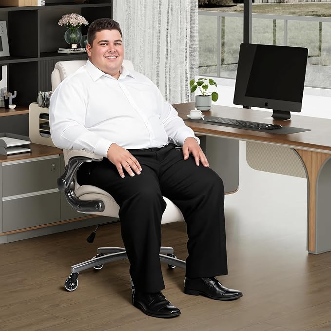 MALOL 300lbs Ergonomic PU Leather Office Chairs, High-Back y Home Computer Executive Chair with Lumbar Support and Flip-Up Arms, Beige