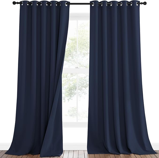 NICETOWN Sound Blocking Black Out Curtains for Patio Door, Heavy-Duty Space Divider Curtains for Living Room, Lined Insert Noise, Blackout, Thermal Insulation Drapes for Closet (Navy, 95-inch Long)