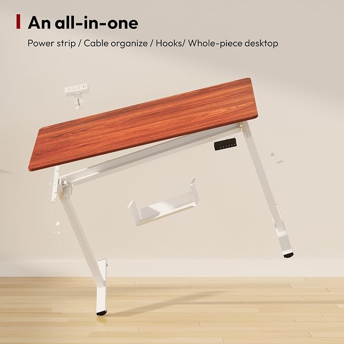 SANODESK Electric Standing Desk 55"x 28" with Clamp Power Strip - Height Adjustable Whole-Piece Desktop, Cable Management, Sit Stand Home Office - White Frame/Mahogany Top