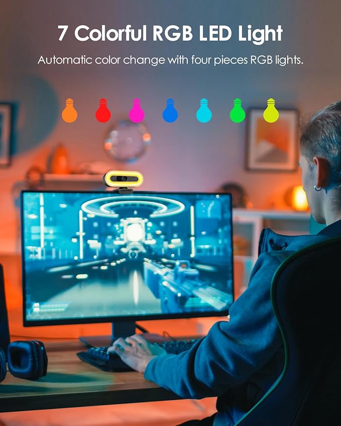 2K 50FPS Webcam for PC/Mac, Computer Camera with Fill RGB Lights, 2 Noise-Canceling Microphone, Autofocus and Tripod for Meeting, Live Streaming, Video Calls, Gaming, Works with Zoom, Skype, Teams