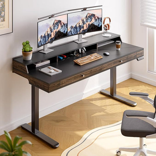ONBRILL Standing Desk with Drawers, 55x23.6 Inch Electric Stand Up Desk with Storage Shelf and Memory Controller, Sit Stand Desk Adjustable Height from 28-46 Inches for Computer Workstation, Black