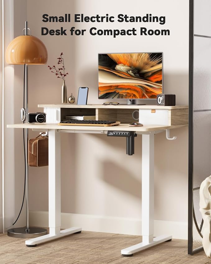 JOY worker 35" Small Electric Standing Desk with Monitor Stand & Drawer | Light Walnut 35" x 25" Height Adjustable Desk for Tight Space, Shutter Door & Shelf, Sit Stand Desk with 2 Hooks, Home Office