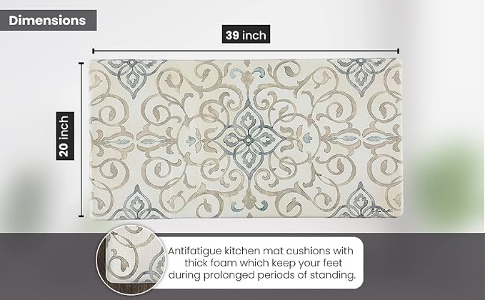 J&V TEXTILES Oversized 20"x39" Anti-Fatigue Embossed Floor Mat (Rustic Medallion Cream