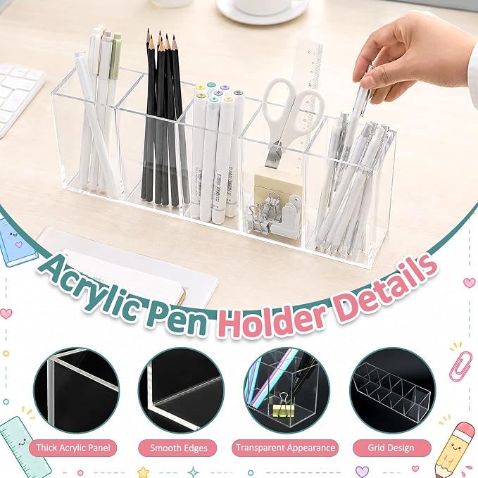 Mototo 2PCS Acrylic Pen Holder Back to School 5 Compartments Pen Organizer | Clear Pencil Cup Desktop Caddy Makeup Brush Storage Solution for Cosmetic Office Bathroom Kitchen Home Coffee Bar Container