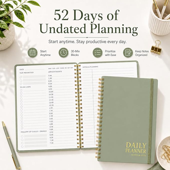 Daily Planner Undated - Simplified To Do List Notebook with Hourly Schedules, Spiral Appointment Organizer, 5.5" x 8.5", Easily Manage Your Tasks and Productivity - Green