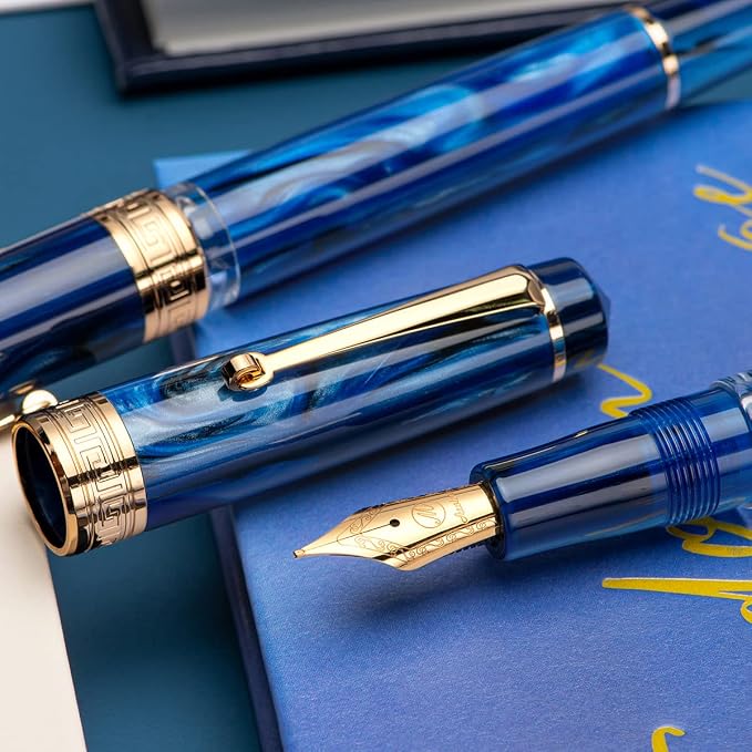 Asvine P20 Piston Fountain Pen Galaxy Blue Resin, Iridium Medium Nib Gold Trim Smooth Writer Collection with Case Set