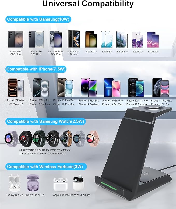 Wireless Charger for Samsung - Nanami 3 in 1 Charging Station for Multiple Devices, Fast Charger Stand for Galaxy S26 S25 S24 S23 Ultra S22 Z Flip Fold 7,Galaxy Watch 6/5/5 Pro/4/3, Galaxy Buds 2 Pro