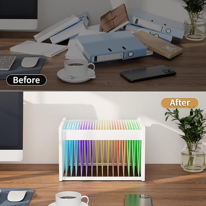 Bamboo Hanging File Organizer, Desk File Box, Open Top, 1 Pack, White | Open-Top Access, 2 Hanging Folders Included, Letter & Legal Files, Sliding Rails, Reinforced Handles, Easy Assembly