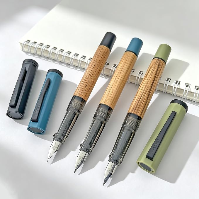 Jinhao 58 Natural Oak Wood Fountain Pen Set, 3-Pack (Blue/Green/Ebony) | Value 3-pack curated wood pens with protective felt pouch & ink converters. Perfect elegant gift for office & journaling.