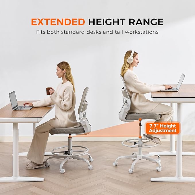 Armless Drafting Chair, Tall Office Chair for Standing Desks | A foot ring steadies legs through crafting and studio projects; breathable lumbar mesh and silent casters fit compact spaces.