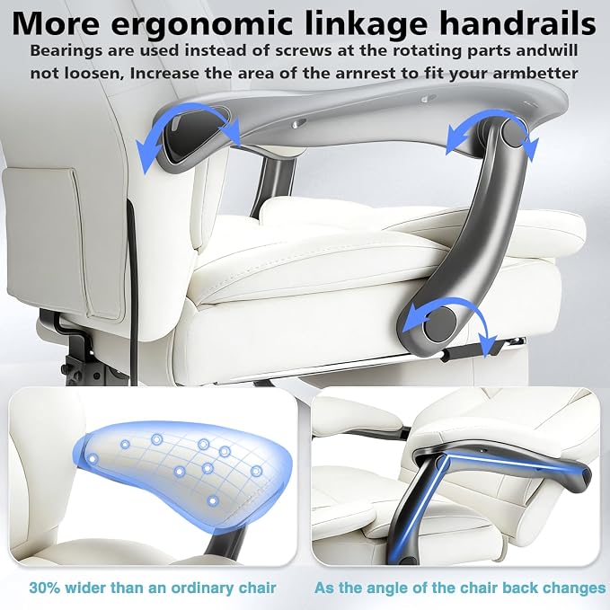 WAILOR 600lbs Big and Tall Office Chair for Heavy People,Heavy Duty Comfy Executive Office Desk Chair with Adjustable Lumbar Support,High Back Reclining PU Leather Computer Chair (Classic, White)
