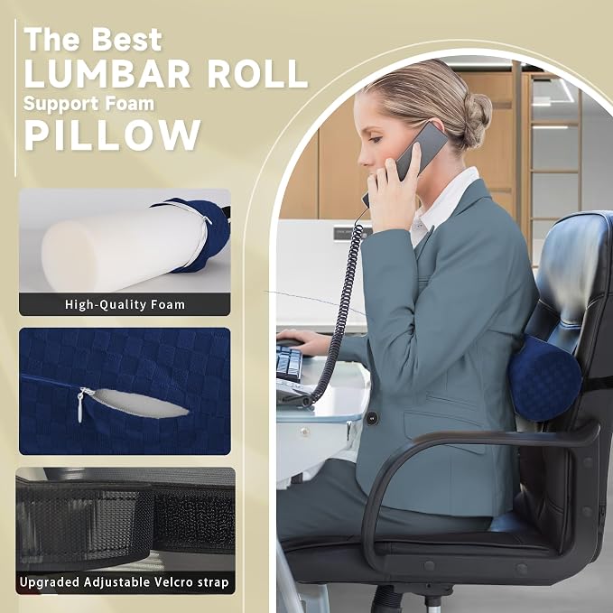 Coeyese Lumbar Roll Pillow for Lower Back Support, Dark Blue, 11*4.3'' | Removable Pillowcase, Upgraded Adjustable Strap, Suitable for Office, Chair, Car, Seat Pain Relief & Improving Posture