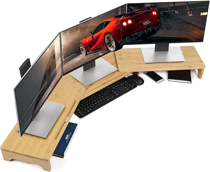 Nnewvante Monitor Stand Riser, 60 inch Bamboo Dual Monitor Stand for Desk | Adjustable Length Angle, 3 Shelves Desktop Screen Riser, For Computer Laptop PC
