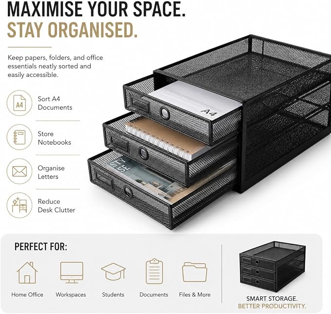 EXERZ Paper Sorter 3 Tier Drawers A4 / Multifunctional Desk Organiser/Letter Tray - Documents, Magazines, Notebooks and Letters | Pull Out Metal Mesh Drawers For A4 Documents Magazines Notebooks And Letters Space Saving Storage For Office Home Study