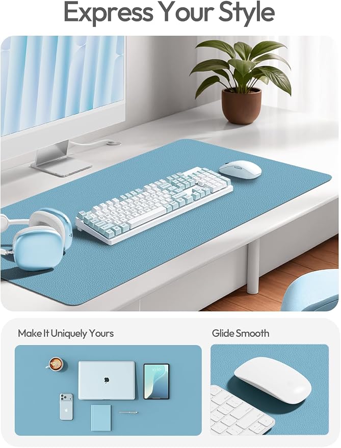YSAGi Leather Desk Pad Protector, Office Desk Mat, Large Mouse Pad, Non-Slip PU Leather Desk Blotter, Laptop Desk Pad, Waterproof Desk Writing Pad for Office and Home (Sea Blue,55" x 17.2")