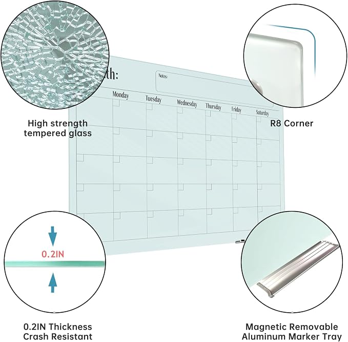 Magnetic Glass Monthly Calendar Whiteboard - 48"x36" Frameless Glass Dry Erase Board for Walls - White