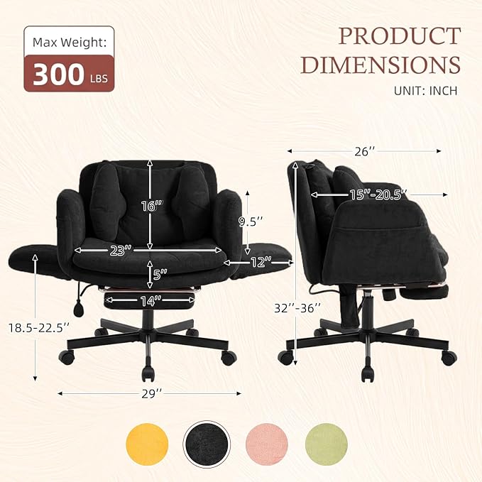 Criss Cross Office Chair with Footrest and 5-Gear Adjustable Arms, Black | Wide seat cross-legged desk chair, flip lumbar pillow, airbag support, linen fabric, for home office, vanity and meditation