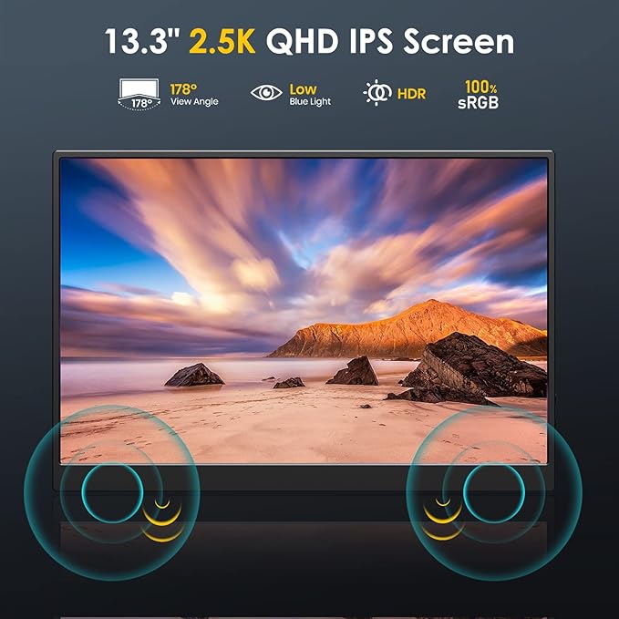 MNN 2.5K Portable Monitor 13.3" 2560x1600P UHD USB-C HDMI Laptop Monitor, 100% sRGB IPS Computer Gaming Display HDR Travel Monitor w/Speakers & Smart Cover for Laptop Xbox PS5 Switch PC Phone