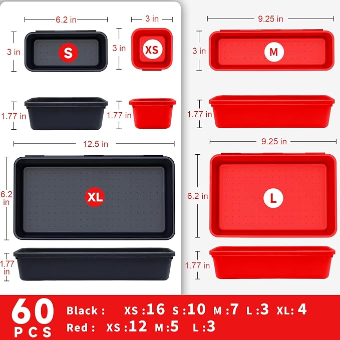 Tool Box Organizer Tray, 60 PCS & 5 Sizes, Black and Red | Heavy-Duty ABS Plastic, Interlocking Design Desk Drawer Organizer, Toolbox Organization Storage for Rolling Tool Chest